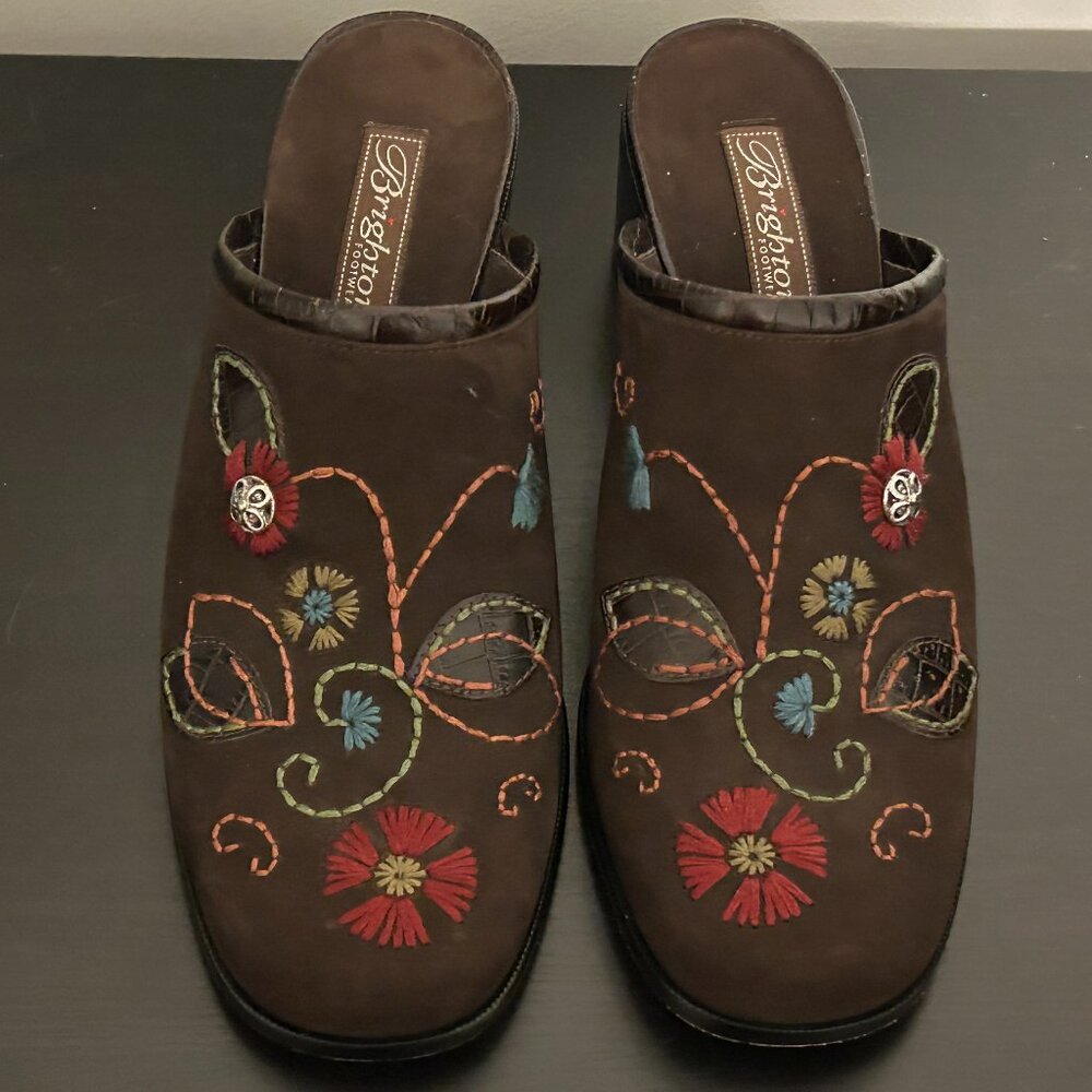 BRIGHTON Fiona Sz 9 Brown Floral Embroidered Suede Leather Heels Mules - Picture 3 of 6